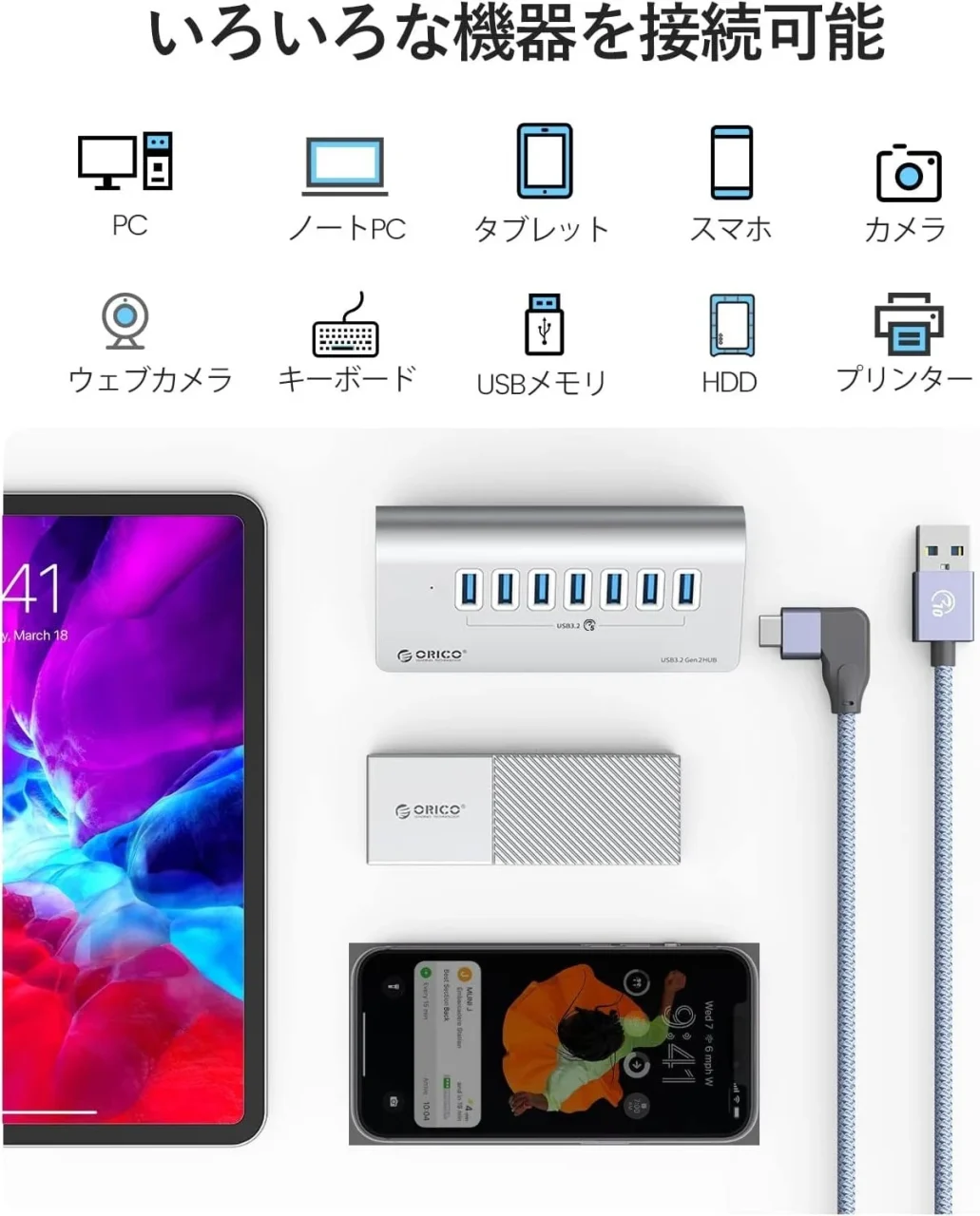 ORICO 7ポートUSBハブと接続可能な機器一覧
