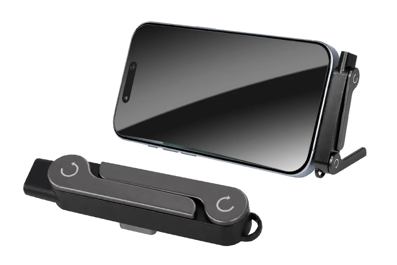 折りたたみ充電スタンドの展開・折りたたみ状態とスマホ設置例