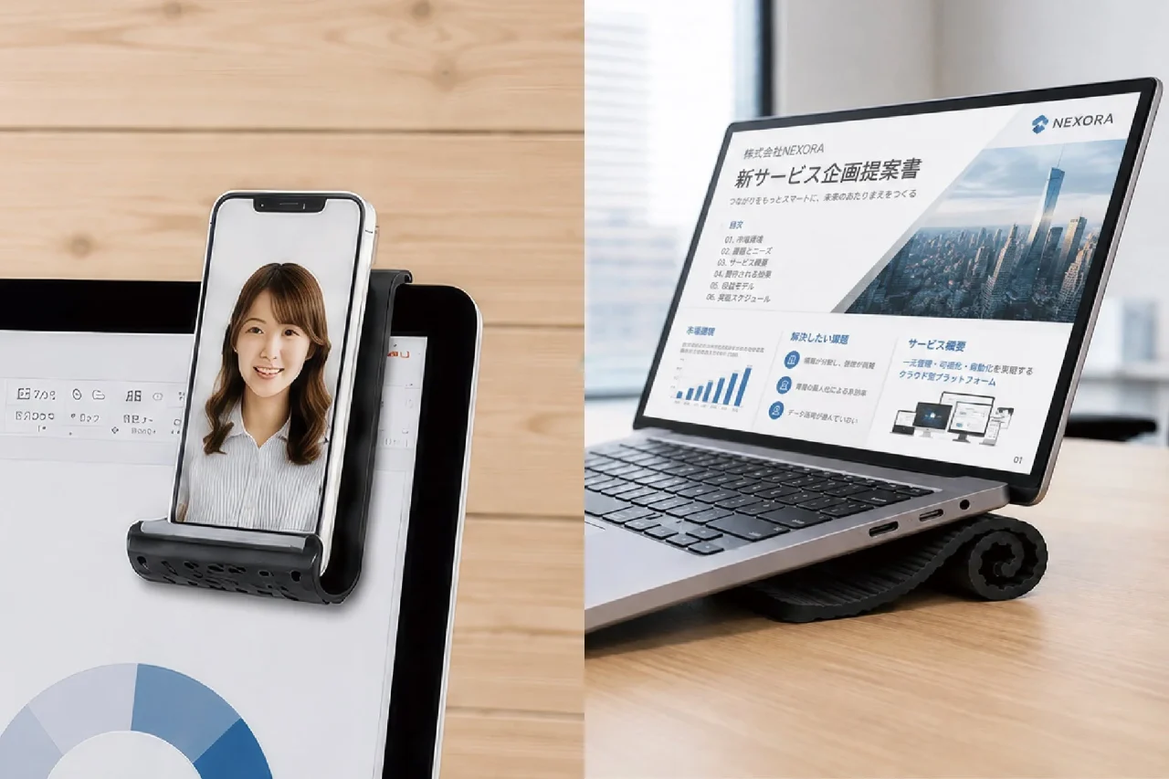 マルチスマホスタンドでノートPCを斜めに支える使用例