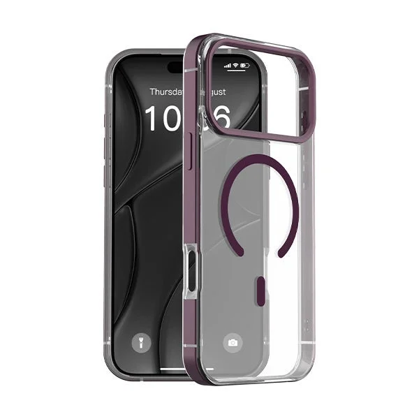 METAL MAG CASE バーガンディのクリアケースとiPhone装着例