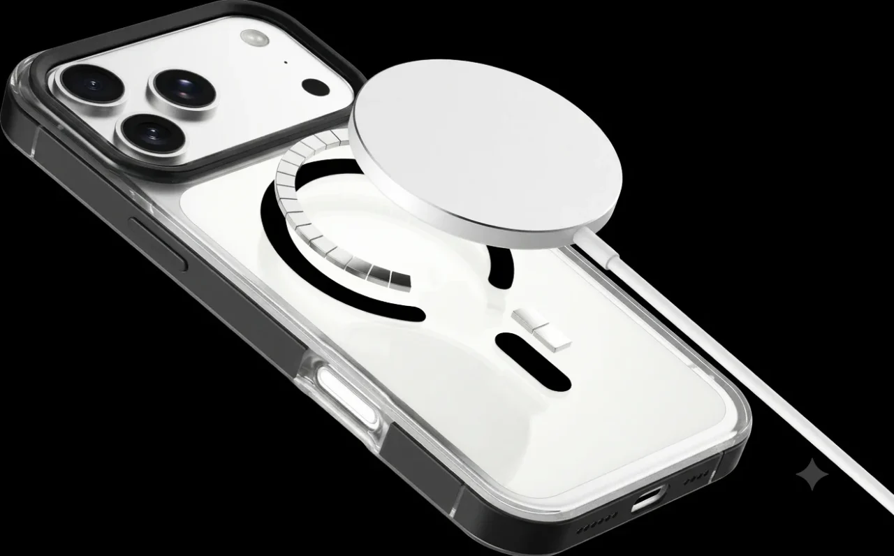 METAL MAG CASE装着のiPhoneにMagSafe充電器が吸着する様子