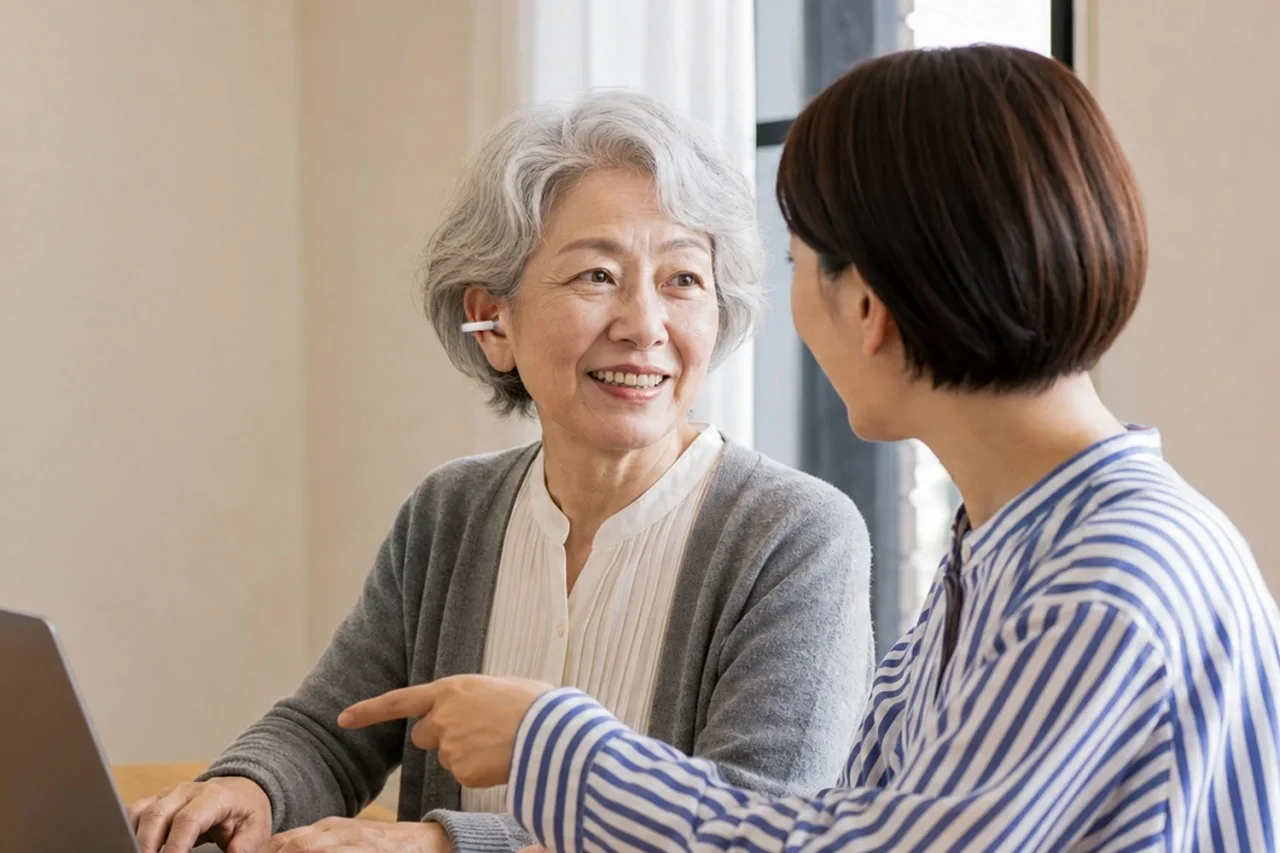 シニア女性が耳に集音器を装着し、若い女性とノートパソコンを見ながら会話している様子