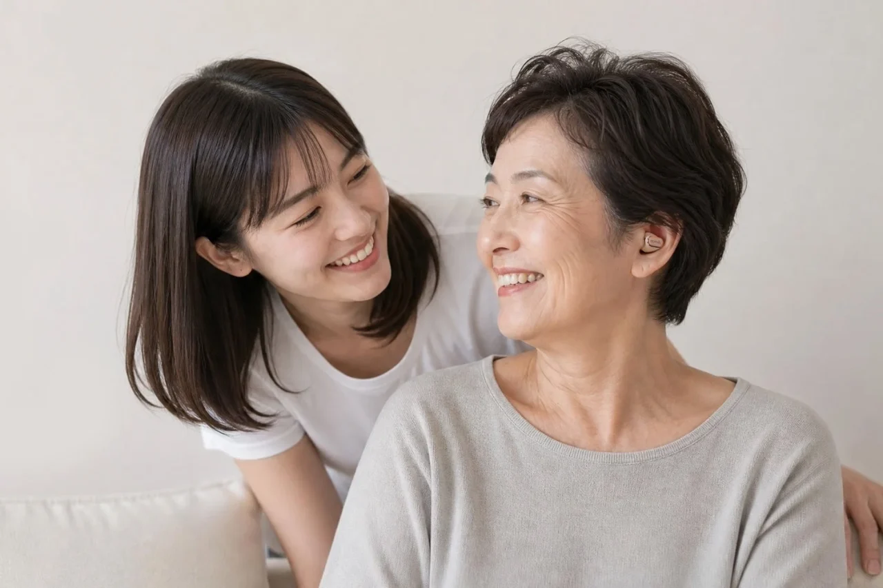 Cearvol Wave装着のシニア女性と若い女性が笑顔で会話する様子
