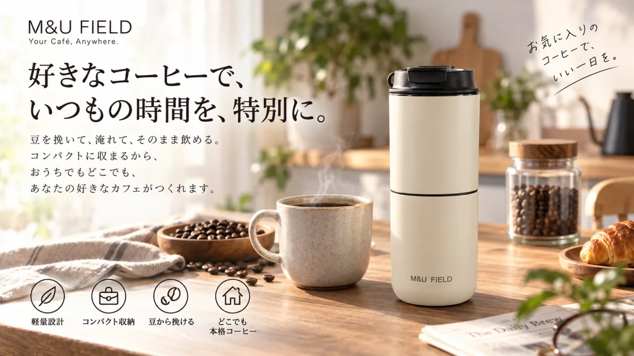 M&U FIELDポータブルコーヒーメーカーのホワイトモデルとマグカップ