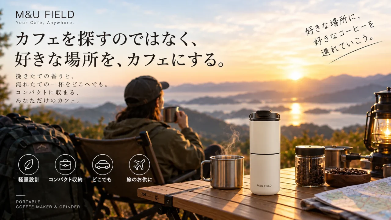 夕暮れの山岳風景を背景に、M&U FIELDポータブルコーヒーメーカーとマグカップが置かれたアウトドア利用シーン