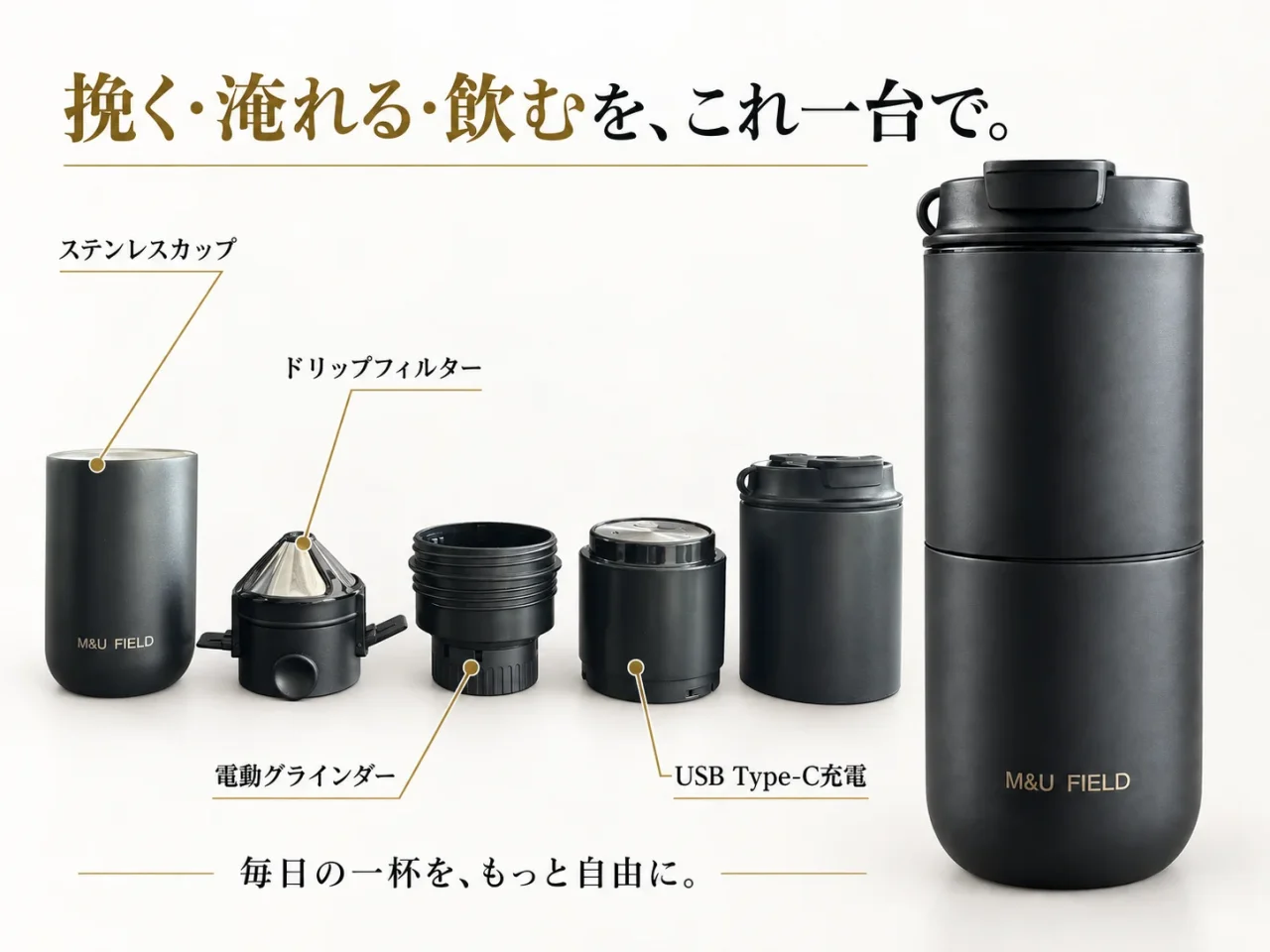 M&U FIELDポータブルコーヒーメーカーの分解図と本体