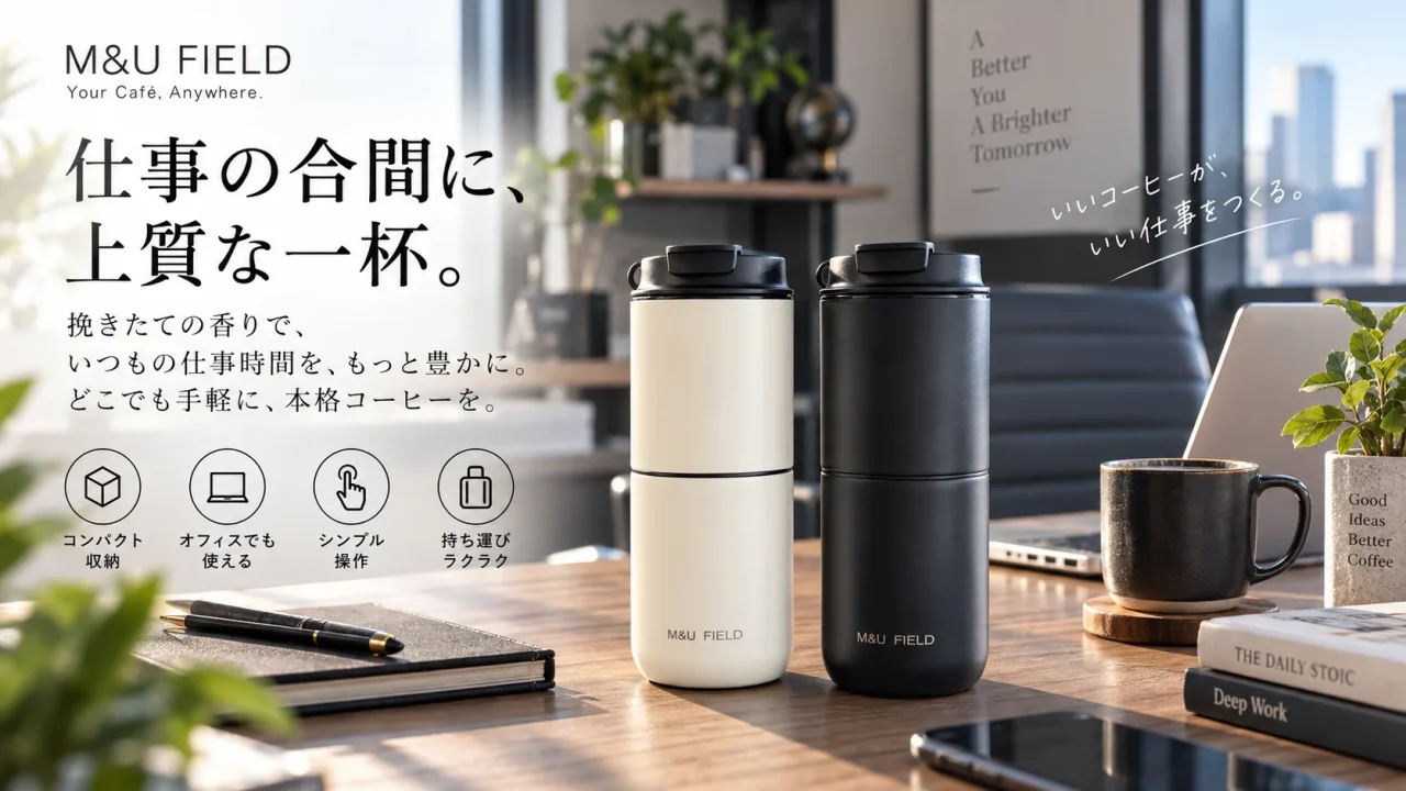 M&U FIELDポータブルコーヒーメーカーのブラックとホワイト2色をオフィスデスクに配置したビジュアル