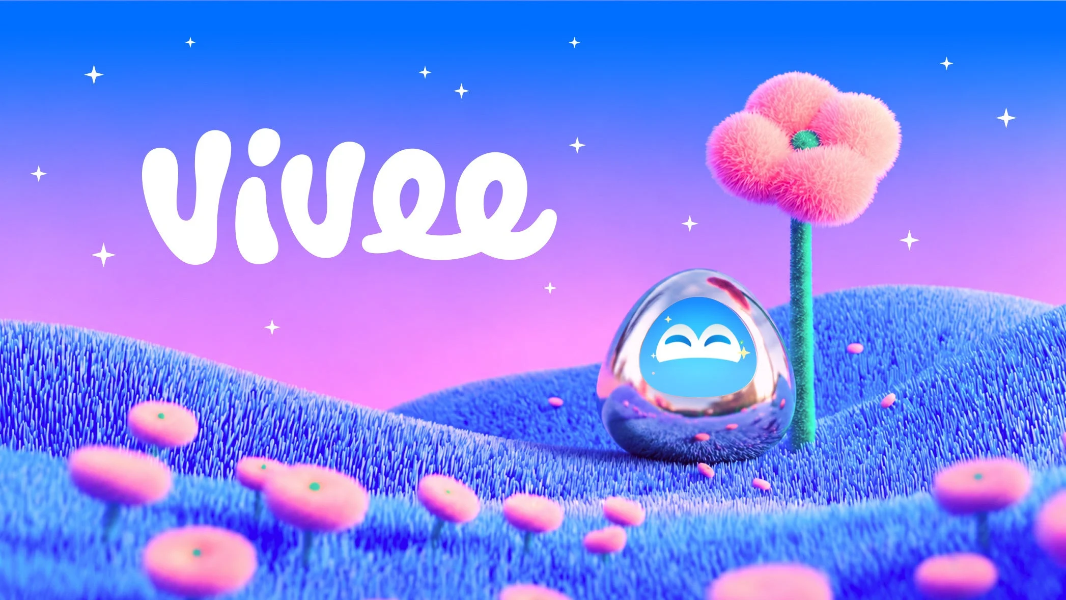 VIVEEのロゴと、花が咲く丘に置かれた卵型のキャラクター