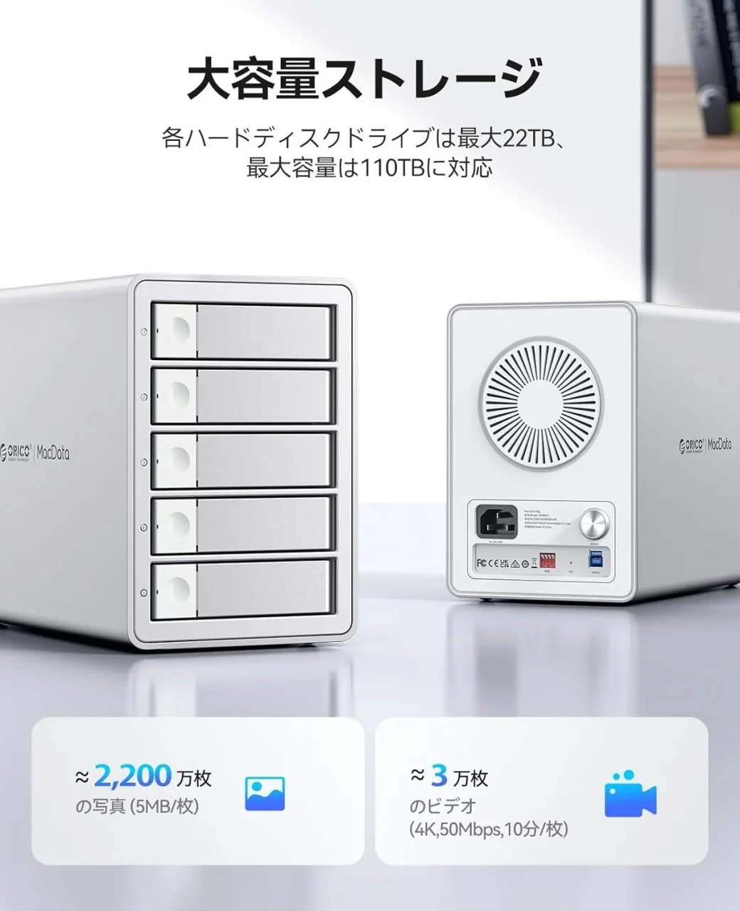 ORICO 5ベイHDDケースの前面と背面、および最大110TBの容量を示す図