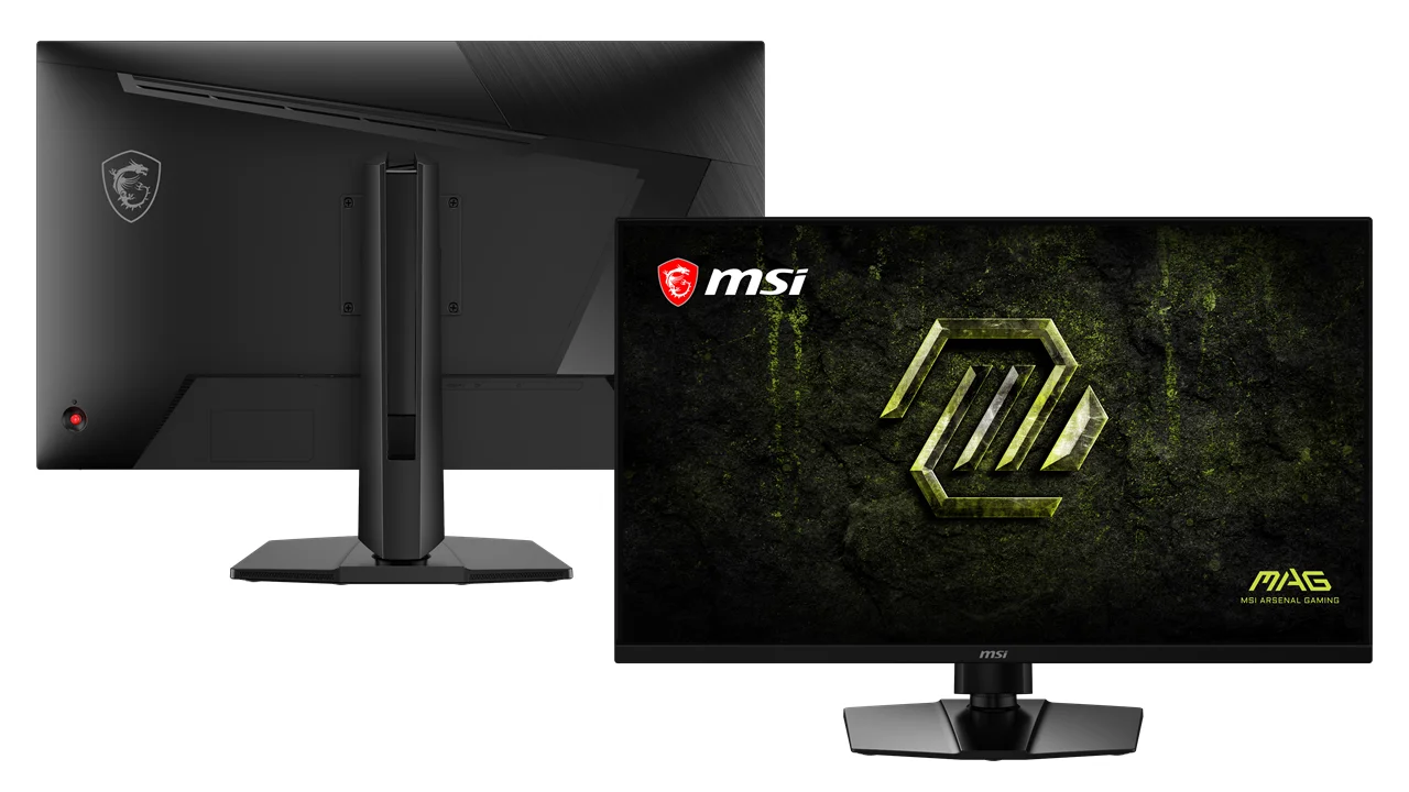 MAG 321UPD E14の正面と背面、スタンド付き外観