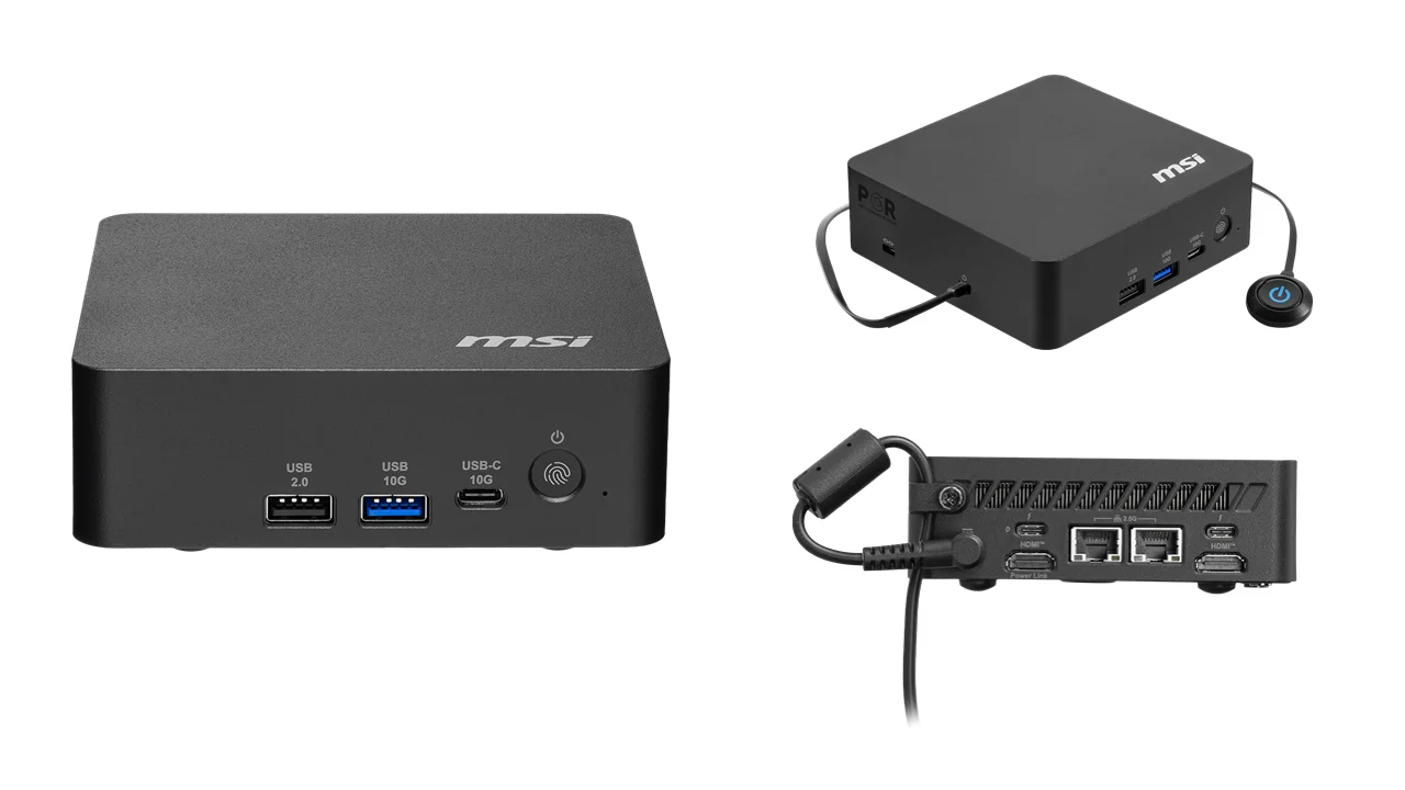Cubi NUC AI+ 3MG-033JPの前面・上面・背面ポート構成を示す3方向の外観