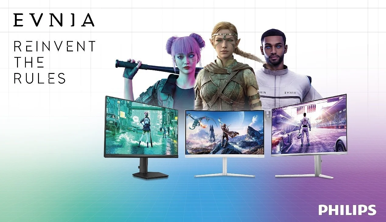 PHILIPS EVNIAの3機種のQD-OLEDモニターと「REINVENT THE RULES」の文字