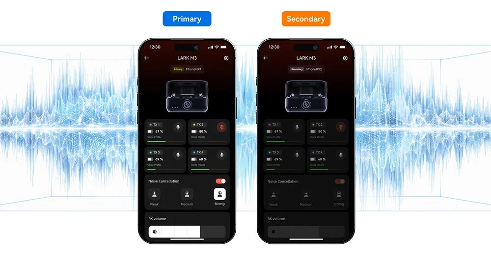Lark M3アプリのPrimary/Secondary受信機画面と音声波形