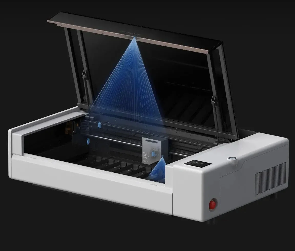 Bambu Lab R1レーザー加工機。開いた蓋の下で素材の位置や高さを検出する様子。