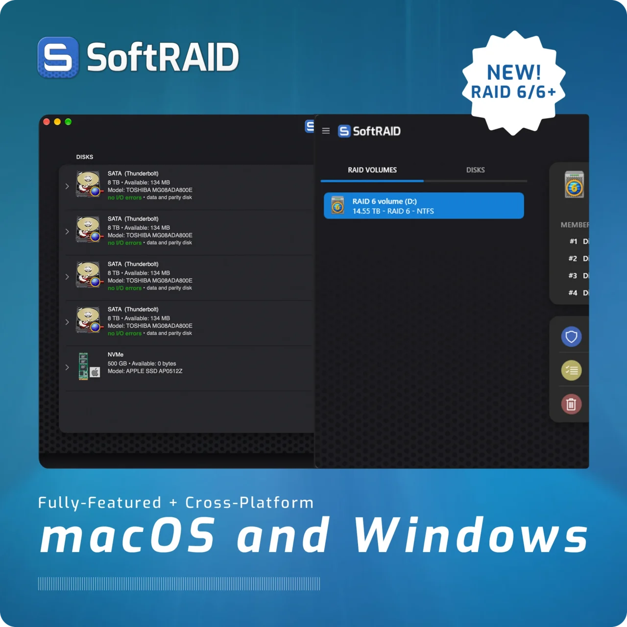OWC SoftRAID 9の告知ビジュアル。RAID管理画面のスクリーンショットと、NEW! RAID 6/6+、macOS and Windowsのテキスト