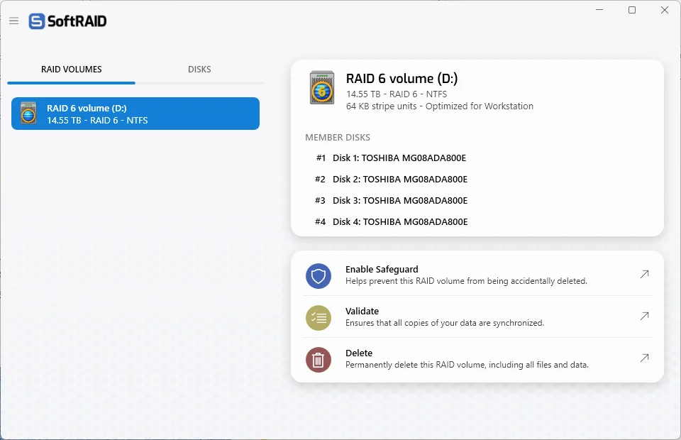 OWC SoftRAID 9のWindows版UIでRAID 6ボリュームとディスク情報を表示