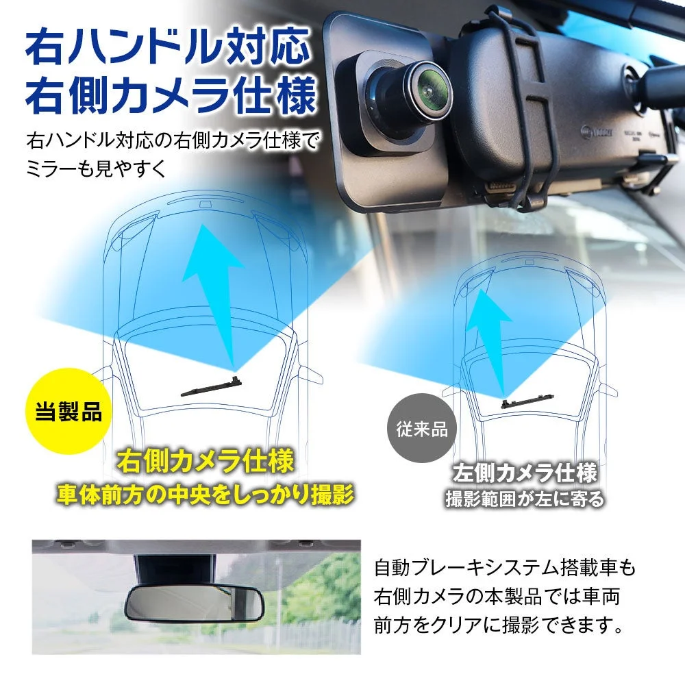MDR-M001の右ハンドル車向けカメラ位置と撮影範囲の比較図