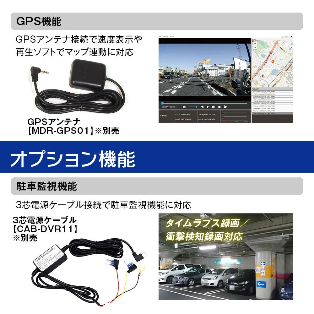 GPS機能と駐車監視機能の概要図。GPSアンテナMDR-GPS01と3芯電源ケーブルCAB-DVR11の別売品と、再生ソフトでのマップ表示、タイムラプス録画の例