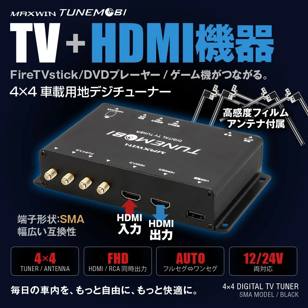 MAXWIN TUNEMOBI TM-4T001の告知ビジュアル。黒い本体と端子、機能説明が描かれている。