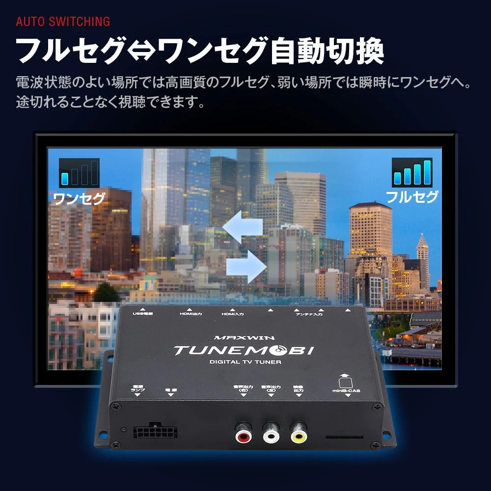 MAXWIN TUNEMOBI TM-4T001のフルセグ⇔ワンセグ自動切換機能を示す製品画像