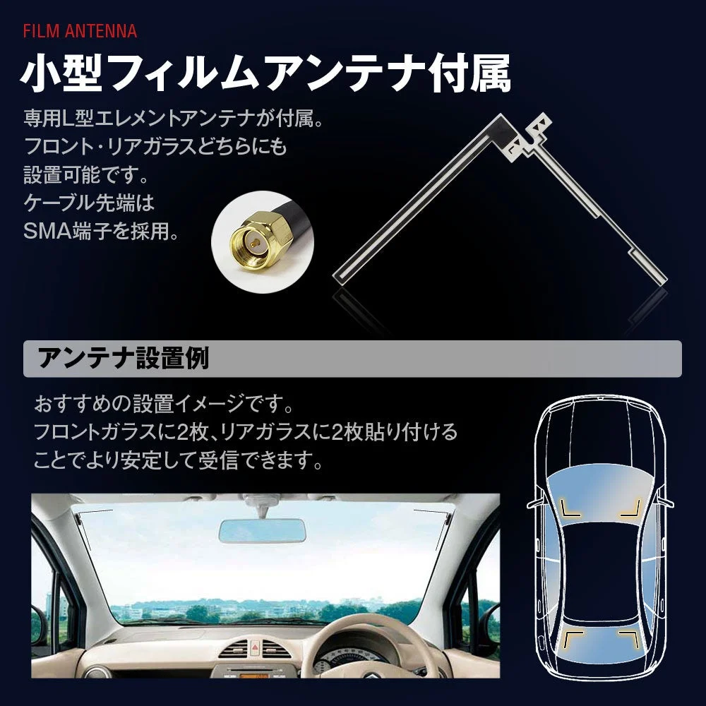 TM-4T001付属のL型フィルムアンテナと、フロント・リアガラスへの設置例