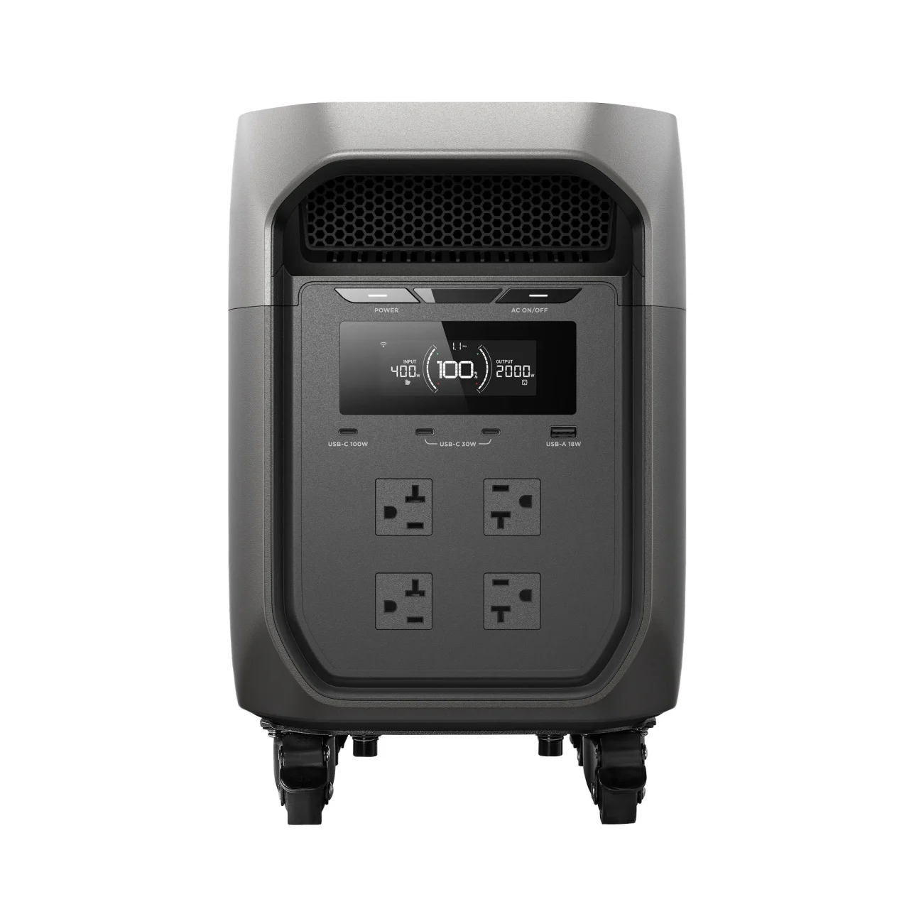 EcoFlow DELTA 3 Max Trolleyの正面。ディスプレイ、AC/USBポート、底部のキャスターを確認。