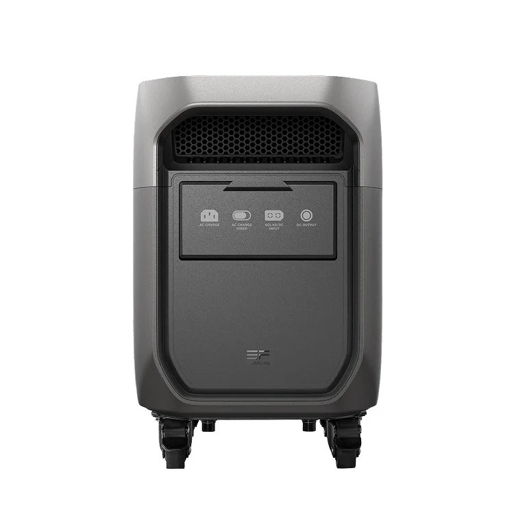 EcoFlow DELTA 3 Max Trolleyの前面。上部に通気口、中央にAC・DCポート、下部に4輪キャスターを備えた黒い本体。