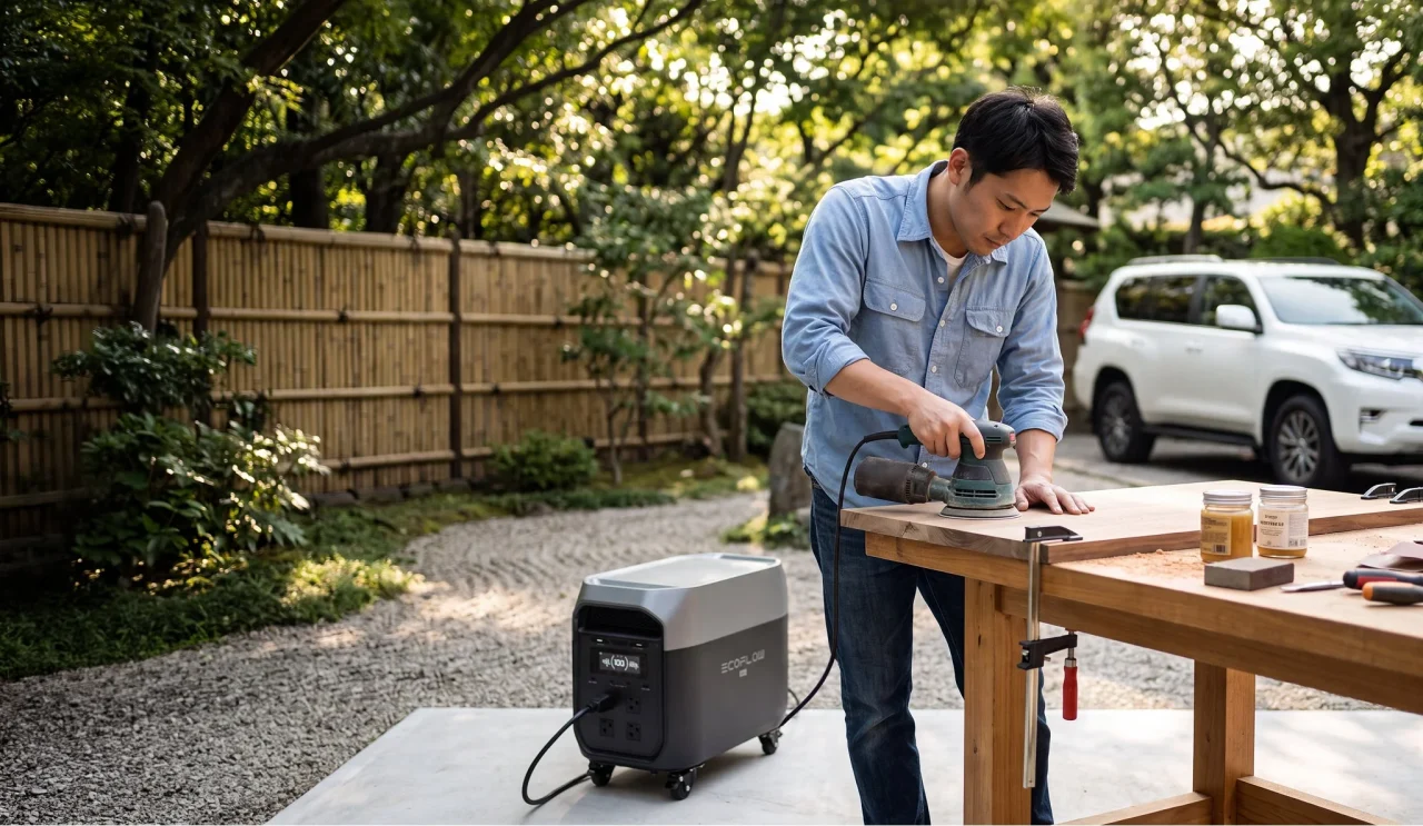 EcoFlow DELTA 3 Max Trolleyを屋外で使用する男性と、キャスター付きの本体