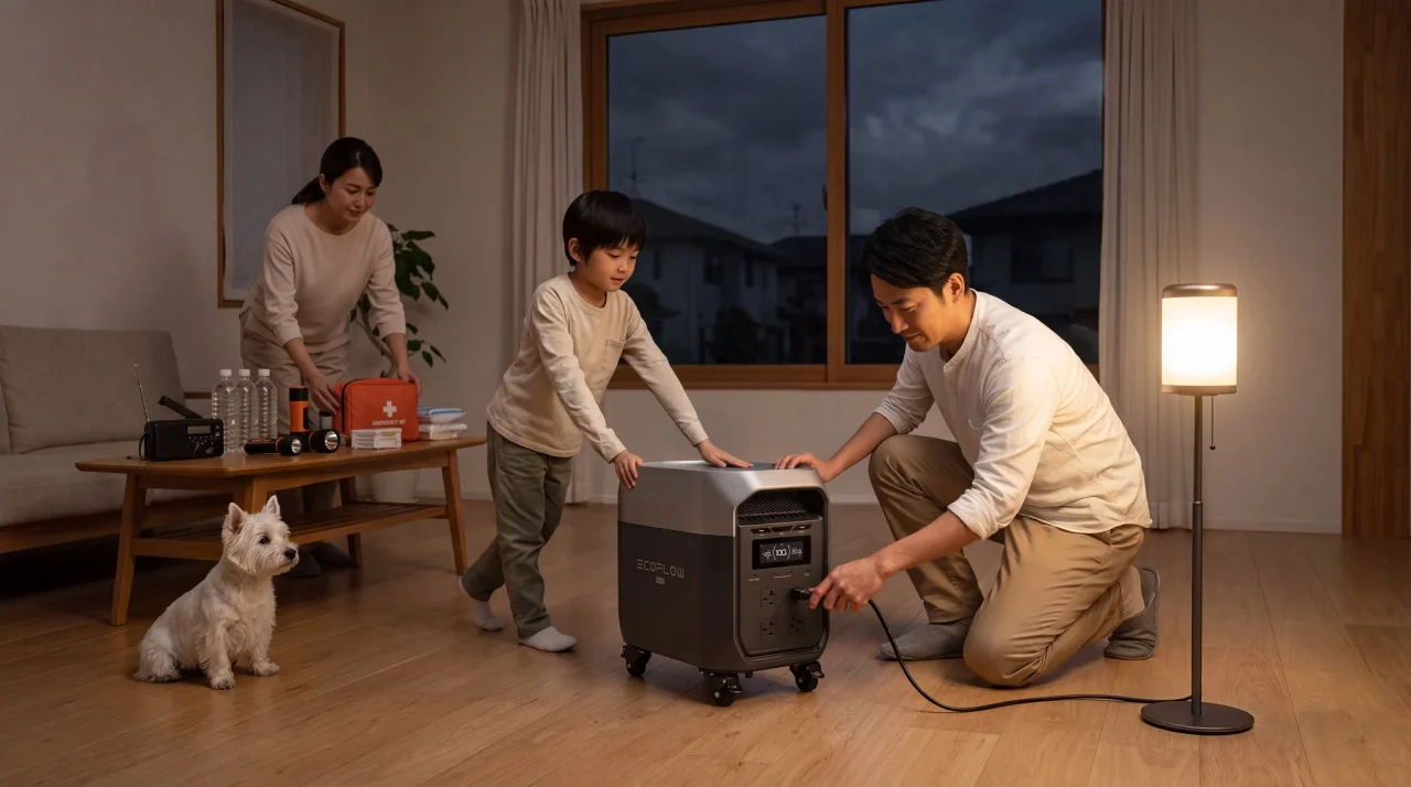 EcoFlow DELTA 3 Max Trolleyの家庭内利用シーン。キャスター付きの本体に家族が給電している様子。