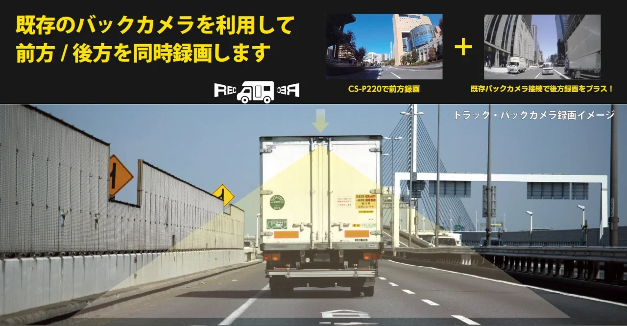 CS-P220による前方録画と既存バックカメラによる後方録画の同時録画イメージ