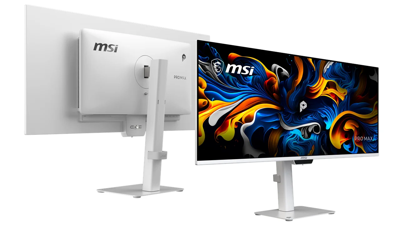 PRO MAX 341QPXW14Gの正面と背面、スタンド付きの外観