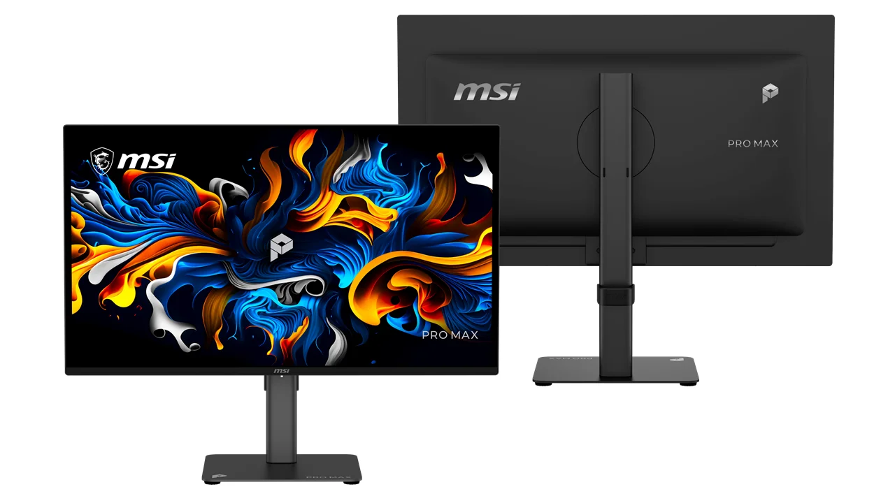 PRO MAX 271QPX14Gの正面と背面。画面にmsiロゴとPRO MAX表記、背面にmsiロゴとPRO MAX表記。
