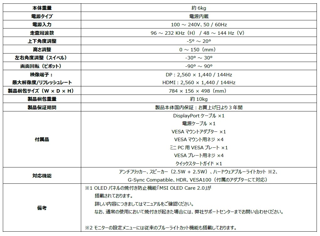 PRO MAX 271QPX14Gの仕様表。本体重量や解像度、付属品の一覧が記載されています。