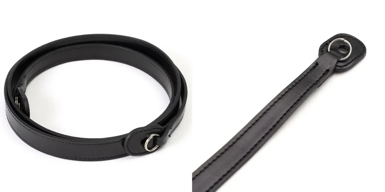 Leather strap Chromexcel ブラックのカメラストラップ。黒い革の巻き状と金具付き先端部。