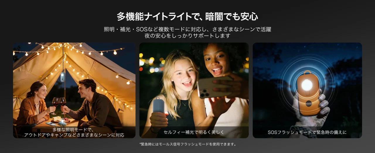 BoostCharge Pro モーションセンサーライト搭載 モバイルバッテリー 10,000mAhの多機能ライト機能を紹介する3枚のシーン画像