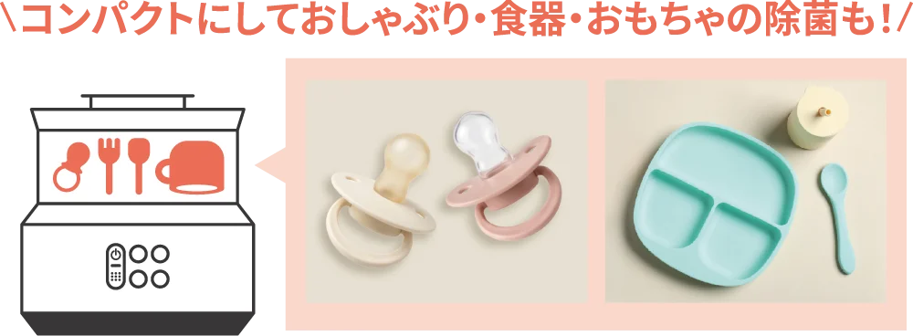 スチームメイト プレミアムの2段式機能と、除菌対象となるおしゃぶり・食器・おもちゃの例