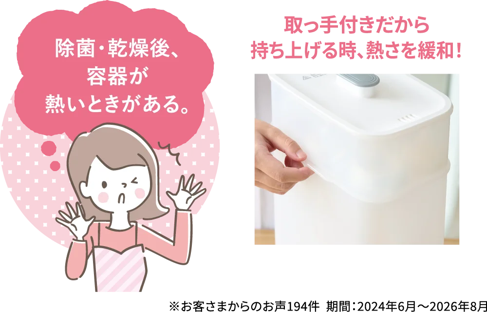 スチームメイト プレミアムの取っ手付き容器を手に持つ様子と、熱さ緩和の解説イラスト