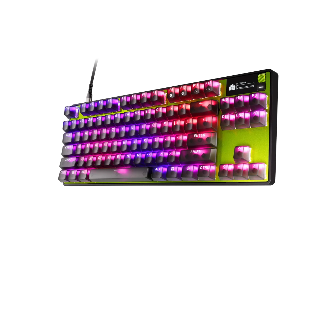 Apex Pro TKL Gen 3 Cyberのキーボード。緑色の筐体に半透明のキーキャップとRGBイルミネーションが特徴。