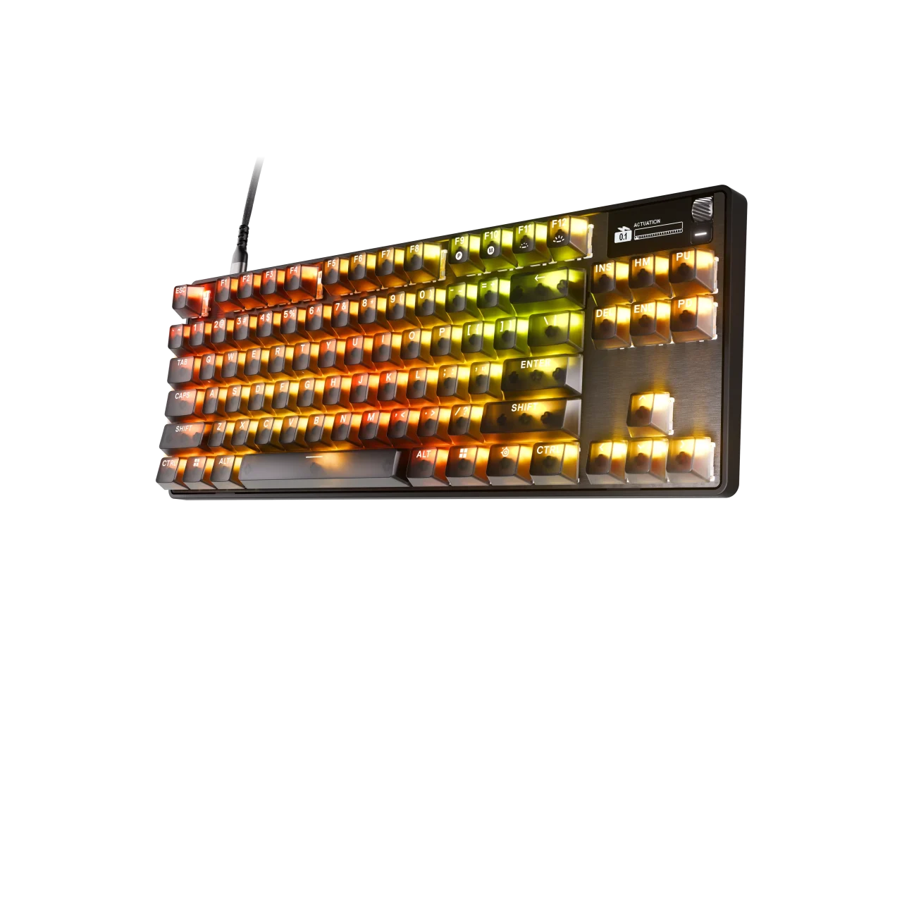 Apex Pro TKL Gen 3 Steelのキーボード。半透明キーキャップとRGBイルミネーションが点灯している。