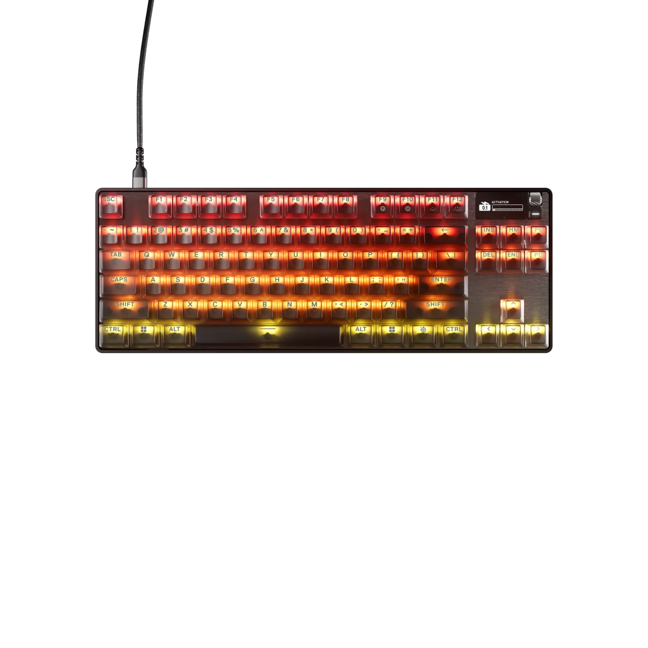 Apex Pro TKL Gen 3 Steelのキーボード。赤と黄色のRGBイルミネーションが点灯し、右上にOLEDディスプレイとダイヤルが確認できる。