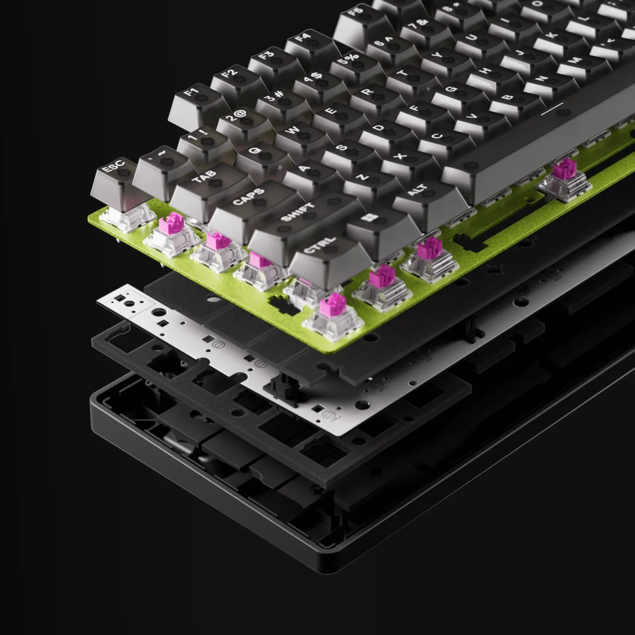 Apex Pro TKL Gen 3キーボードの内部構造を分解した画像。3層の防音設計と新設計スタビライザーが確認できる。