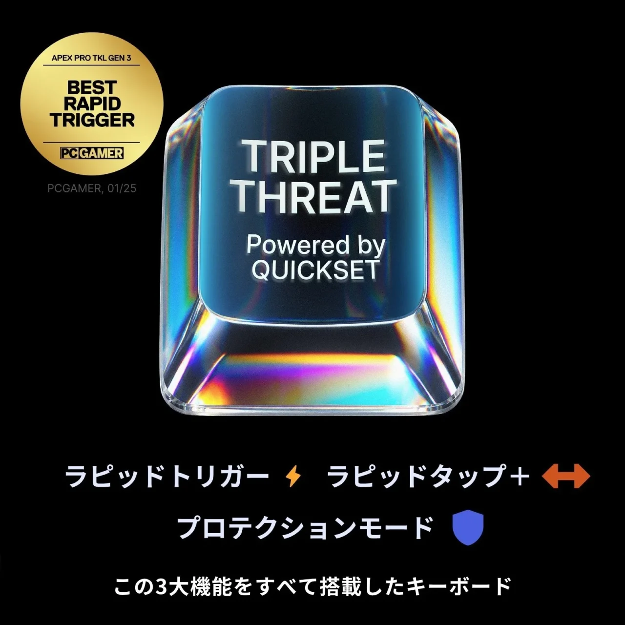 Apex Pro TKL Gen 3の機能紹介図。半透明キーキャップと3機能のアイコンを表示