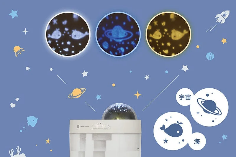 充電式プラネタリウム加湿器の投影機能。海と宇宙の2種デザインと3色LEDライトの切り替わりをイラストで表現。