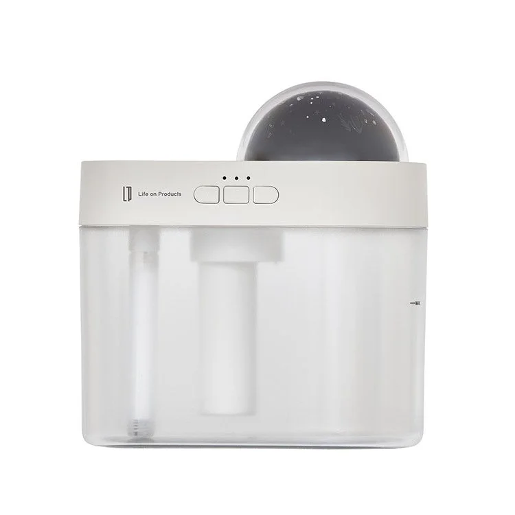 充電式プラネタリウム加湿器のリリーホワイト（LW）カラーの本体。上部にドーム型の投影部と操作ボタン、下部に透明なタンクが備わっています。