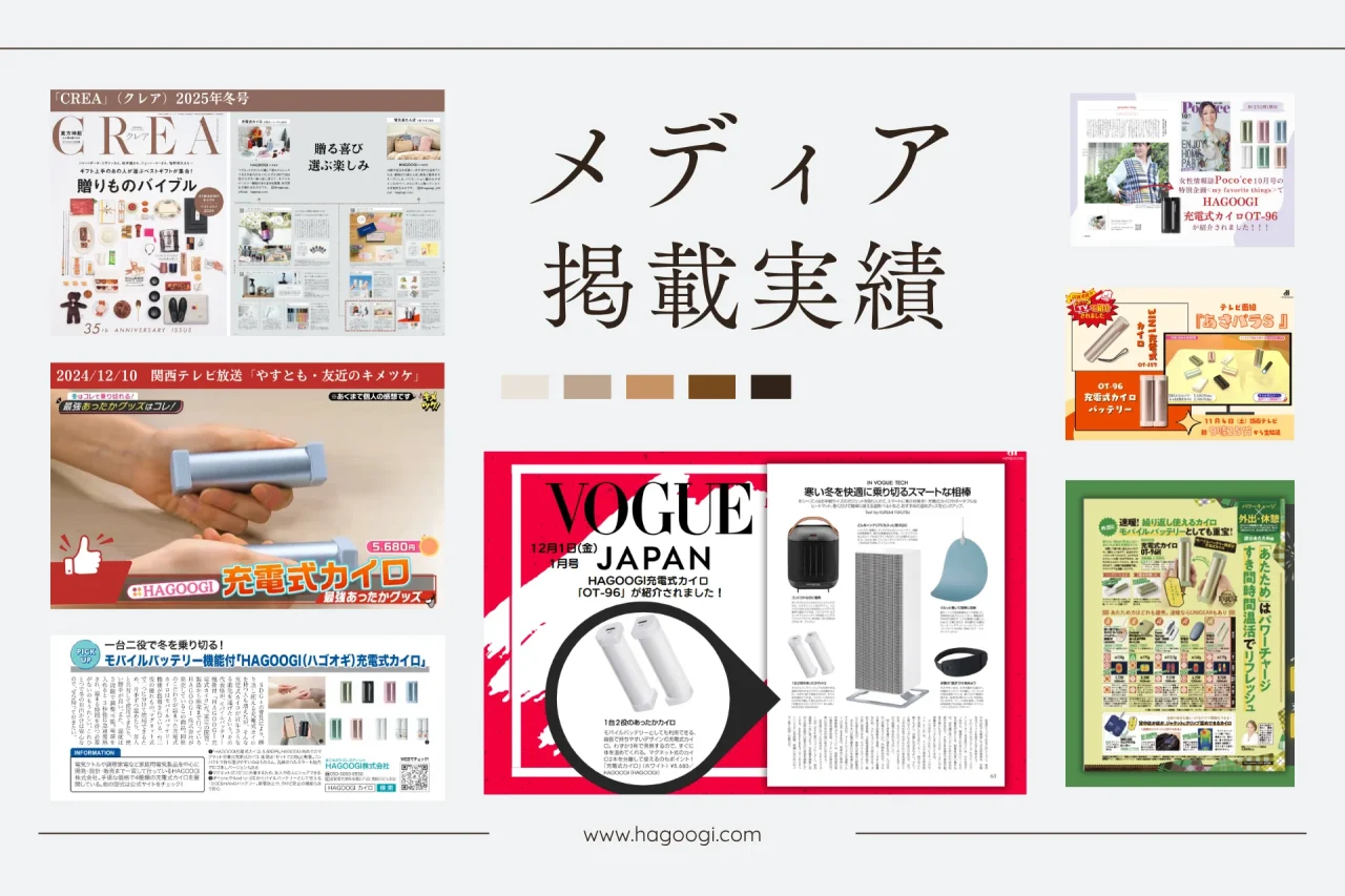 HAGOOGI充電式カイロOT-96Hのメディア掲載実績をまとめた図