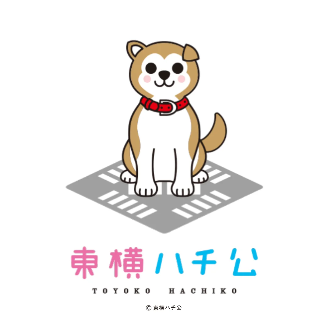 渋谷ヒカリエShinQs限定の東横ハチ公ステッカー①。スクランブル交差点に座る柴犬のイラスト