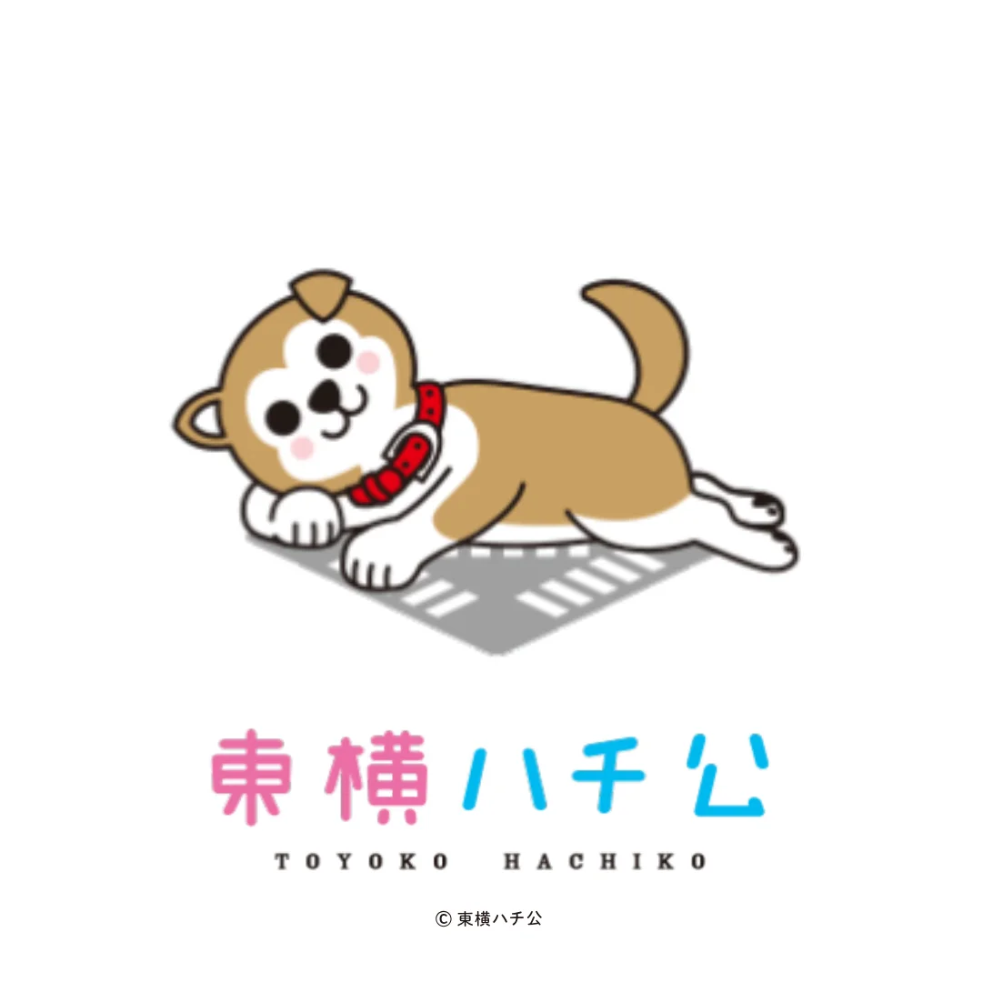 渋谷ヒカリエShinQs限定の東横ハチ公ステッカー②。犬のキャラクターとロゴが描かれたデザイン。