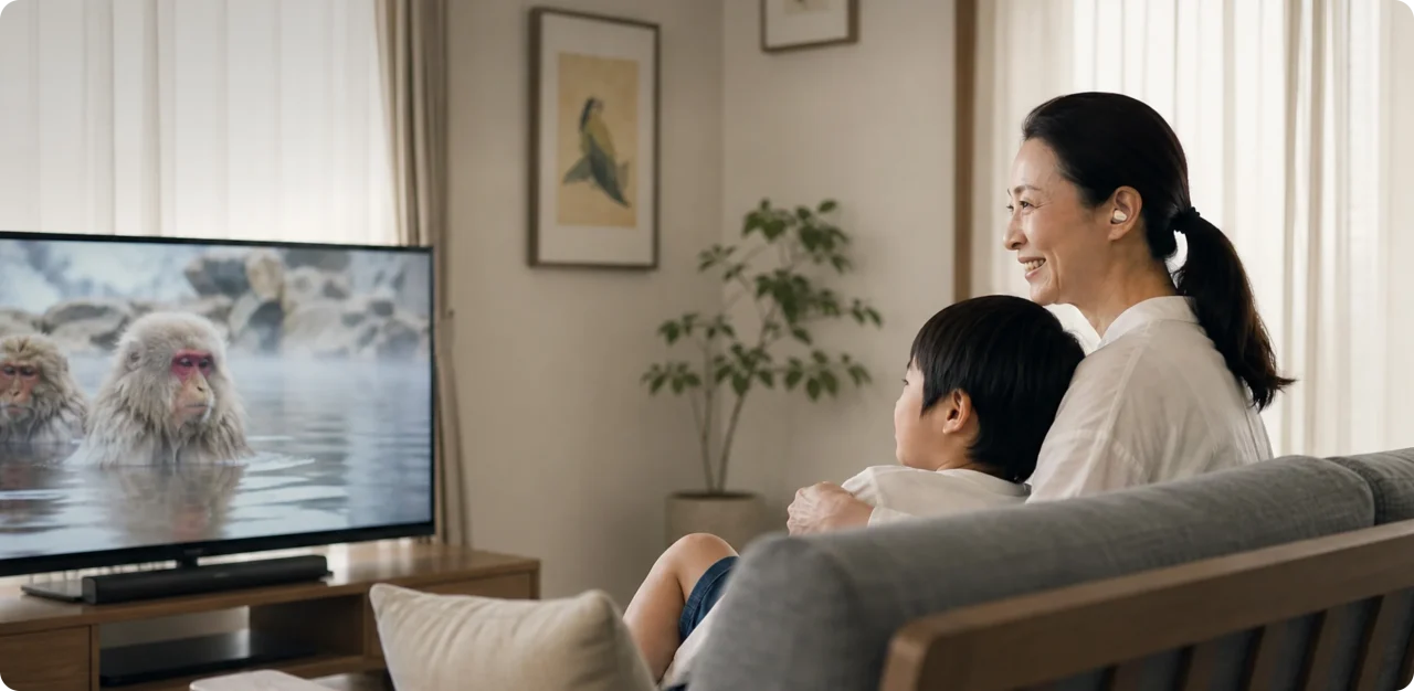 Cearvol Wave Lite装着の女性が、子どもとソファでテレビを見ている様子