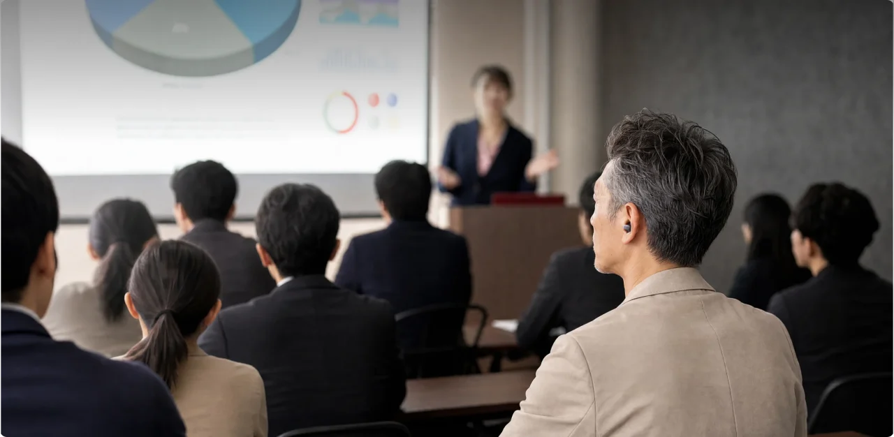 Cearvol Wave LiteのAIノイズ低減機能の説明画像。会議室でプレゼンを受けるシニア男性の姿。