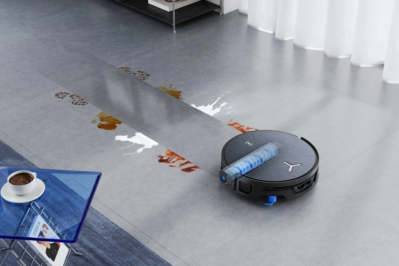 DEEBOT X12S PRO OMNIのOZMOローラー定圧式常時洗浄モップシステム 3.0の構造と水拭きイメージ